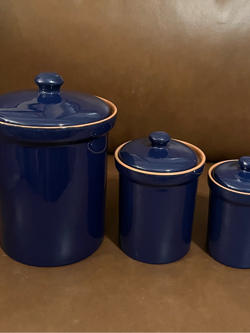 Vtg Italian Ceramic Canister Set in Cobalt Blue w/ Warm Terracotta Inside